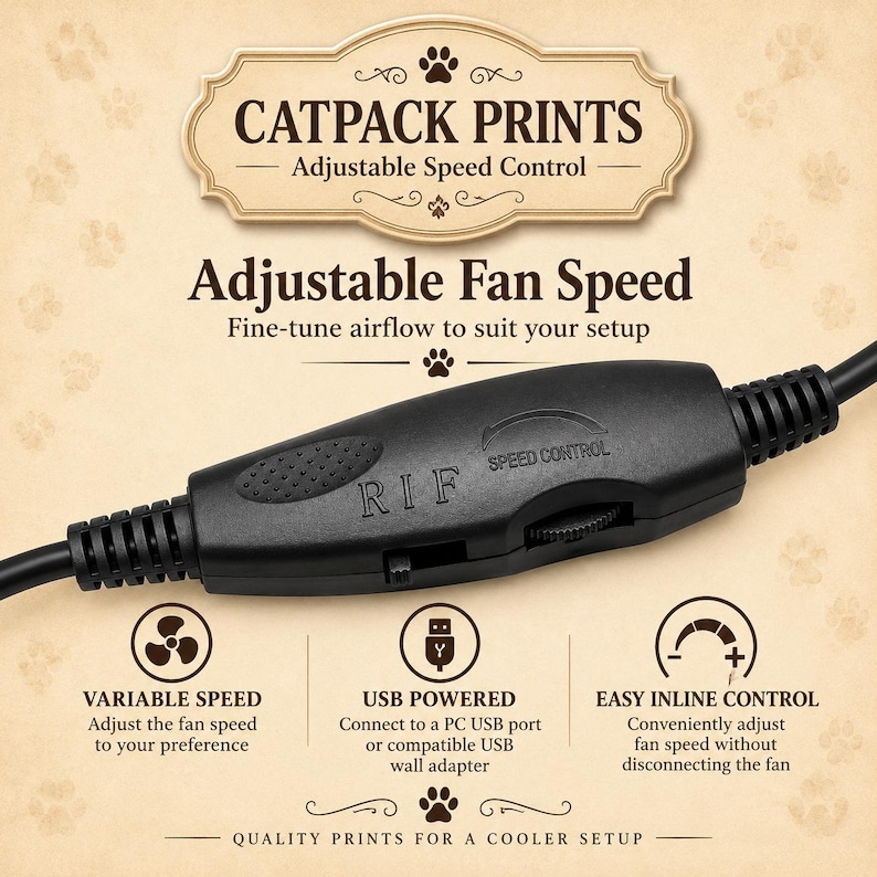 Puede incluir: Un controlador de velocidad de ventilador en l&iacute;nea negro con una rueda de pulgar texturizada y el texto RIF y SPEED CONTROL. El dispositivo tiene un cable en cada extremo y se presenta con texto que detalla la velocidad variable y el control.