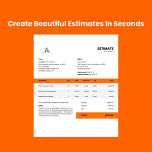 May include: A white document titled ESTIMATE with orange headers and accents. The document includes sections for sender and recipient information, a table listing kitchen remodel labor and materials, and a total amount of $5841.83.
