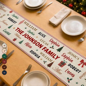 May include: A cream-colored fabric table runner featuring the red text THE JOHNSON FAMILY surrounded by various names like Sophia, Robert, William, Alice, Jessica, and Lucas, interspersed with Christmas icons like trees, gifts, and holly.