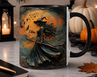 Tazza personalizzata da strega per Halloween, tazza da caffè wiccan con effetto pittura ad olio, tazza da tè per regali a tema stregoneria