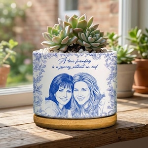 May include: A white ceramic planter with a blue floral border and a blue line-art illustration of two women. The text reads, A true friendship is a journey without an end. A green succulent sits inside, and the planter rests on a wooden base.