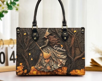 Gepersonaliseerde leren handtas met heksenprint, op maat gemaakte heksentas voor dames, gotische Halloween schoudertas, griezelig maanheksencadeau, herfsttas