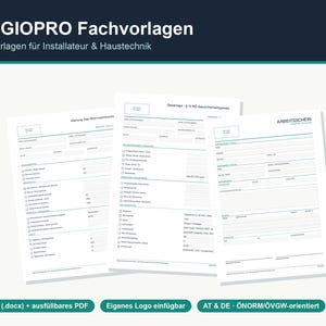 May include: A collection of 19 professional business forms for plumbing and building services titled REGIOPRO Fachvorlagen. The documents include templates for maintenance and work orders with fields for data entry, available in Word and PDF formats.