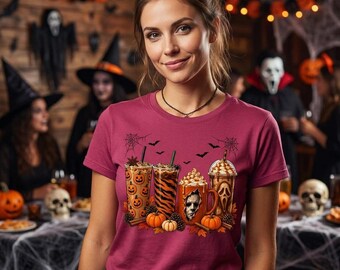 Pumpkin Spice Shirt, Garment-Dyed Halloween Drinks Tee with Skeleton Cups