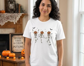 Dancing Pumpkin Head Skeletons Halloween Shirt, Vintage Fall Tee with Bats