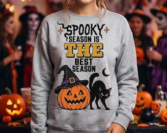 Halloween Crewneck Sweatshirt, Pumpkin And Black Cat Graphic, Unisex Fall Pullover