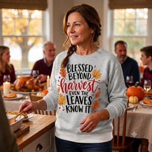 Fall Sweatshirt Blessed Beyond Harvest Crewneck with Autumn Leaves
