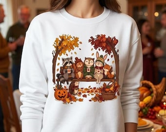 Fall Sweatshirt, Autumn Crewneck with Woodland Friends, 80% Cotton