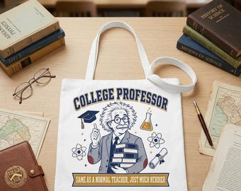 Professor Tote Bag, Canvas Science Illustration with Reinforced Handles