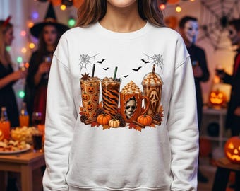 Pumpkin Crewneck Sweatshirt, 50/50 Cotton Poly Halloween Latte Design
