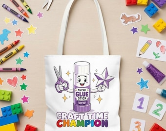 Crafting Tote Bag, Canvas Glue Stick Illustration, Multiple Handle Colors