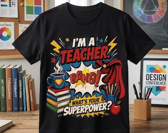 Teacher Superhero Tee, Black Garment-Dyed Cotton Shirt, Comic Style