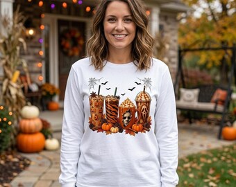 Spooky Pumpkin Spice Drinks T-Shirt, Halloween Coffee Lover Tee (Garment-Dyed)