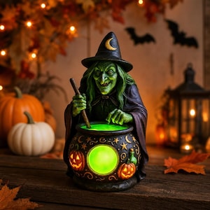Halloween Witch Cauldron Lamp Green Glow Spooky Resin Ghost Decor