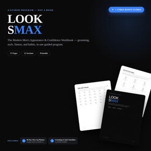 Puede incluir: Un libro de trabajo digital titulado LOOK SMAX, un programa guiado para la apariencia y la confianza. Incluye 37 páginas, 12 secciones y es imprimible. El conjunto cuenta con un calendario de hábitos diarios, una guía de formas faciales y dos guías extra.