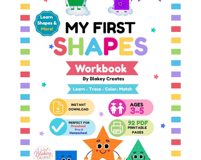 Preschool Shapes Workbook | Learn, Trace, Color, Match (Digital Download)