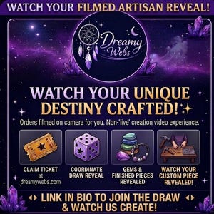 May include: A purple graphic advertisement titled WATCH YOUR FILMED ARTISAN REVEAL! and WATCH YOUR UNIQUE DESTINY CRAFTED! featuring icons for a claim ticket, a purple die, stacked gems with a beaded bracelet, and a person crafting at a table.