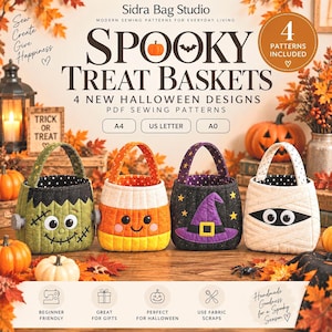 Paquete de 4 patrones de costura para cestas de dulces de Halloween (4 diseños, PDF)
