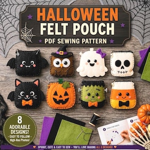 8 Halloween Trick or Treat Pouch Sewing Pattern, Designs: Cat, Ghost, Pumpkin and Bat Zipper Pouches. A0, A4, US Letter PDF.
