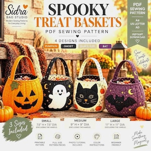 Candy Bucket Pattern, Halloween Sewing PDF with 4 Appliqué Designs, 3 Sizes