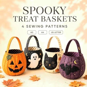 Halloween Trick or Treat Bag Pattern Bundle, 3 Designs: Ghost, Cat and Bat Treat Baskets. English PDF in A0, A4 and US Letter.