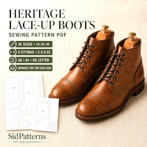 DIY Boot Sewing Pattern |Heritage Cap Toe Lace Up Boots | Men's Leather Shoe Pattern | 16 Sizes EU 38-48 | 4 Width Fittings, A0 A4 US Letter