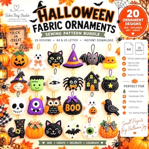 20 Halloween Felt Ornament Sewing Patterns, Spooky Characters (Digital Download)
