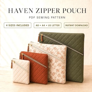 Modern Zipper Pouch Pattern PDF | DIY Haven Diagonal Zip Quilted Makeup Bag, Book Sleeve and Travel Organizer, 4 Sizes, A0 A4 US Letter