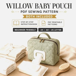 Baby Diaper & Wipe | Willow Baby Pouch PDF Sewing Pattern | Quilted Diaper Travel Organizer Sewing Pattern, A0 A4 US Letter PDF Download