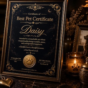 Könnte beinhalten: Ein gerahmtes Best Pet Zertifikat für Daisy mit goldener Schrift auf dunkelblauem Hintergrund, inklusive goldenem Pfotenabdruck-Siegel, einem braunen Lederhalsband mit Daisy-Namensschild und einem Herzanhänger, neben Büchern und Kerzen.
