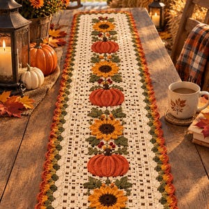 Peut inclure: Un chemin de table en crochet rectangulaire présentant un motif alterné de citrouilles orange et de tournesols jaunes avec des feuilles vertes. Le chemin a une base en grille crème et une bordure festonnée dans des tons orange, jaune et vert.