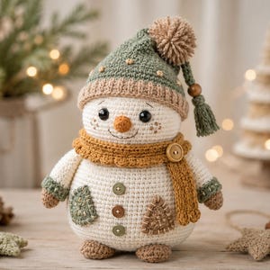 May include: A crocheted snowman doll featuring a cream-coloured body, a sage green hat with a tan pom-pom, and a mustard yellow scarf. The snowman has an orange nose, black eyes, and three buttons on its torso. It includes two small patches.