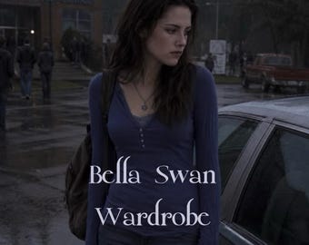 May include: A long-sleeved dark blue henley shirt with a button-down placket and a silver necklace, featuring the text Bella Swan Wardrobe HAND SELECTED BY A PERSONAL STYLIST overlaid on the image of a person wearing the shirt.