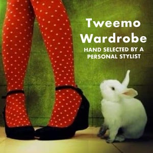 May include: Red tights with a white polka dot pattern worn with black wedge shoes, positioned next to a small white rabbit. The text Tweemo Wardrobe HAND SELECTED BY A PERSONAL STYLIST is printed in white on the green background.