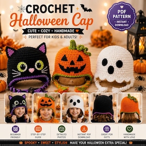 Halloween-Häkelmützen-Anleitungen | Katzen-, Kürbis- und Geistermützen (PDF-Download)