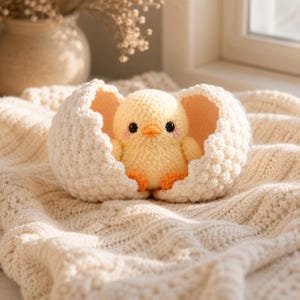 May include: A small, pale yellow crocheted chick with black eyes and orange feet, nestled inside a textured, off-white crocheted eggshell. The chick has soft, rounded features and sits upright within the two halves of the broken eggshell.