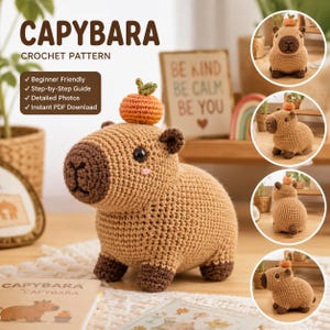 May include: A crochet pattern for a capybara toy, featuring text that reads CAPYBARA CROCHET PATTERN. The image displays a tan crocheted capybara with a dark brown snout and a small orange fruit on its head, alongside four circular inset photos.