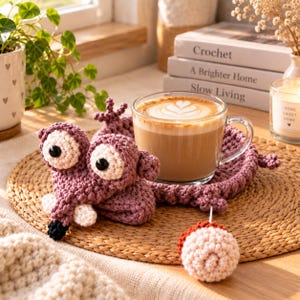 May include: A mauve crochet coaster featuring a whimsical creature design with large white eyes, black pupils, and a small black nose. The coaster has a round base and a small attached ball-shaped accent, holding a glass mug filled with latte coffee.