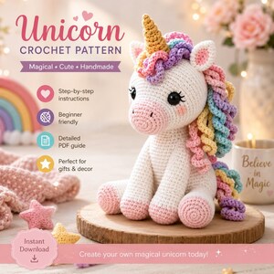 Puede incluir: Un patrón de ganchillo para un unicornio blanco con un cuerno amarillo y una crin y cola multicolor. El texto dice: Unicorn CROCHET PATTERN, Magical, Cute, Handmade, Step-by-step instructions, Beginner friendly, Detailed PDF guide.