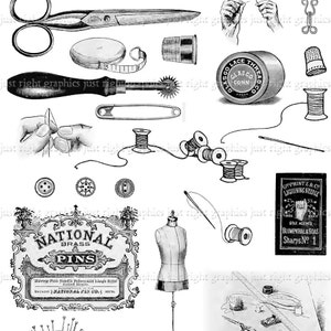 Premium Vector, Hand-drawn sketch set of sewing attributes. set includes  centimeter band, scissors, thread with a needle, antique sewing machine,  button, pillo…