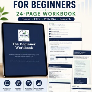 May include: A 24-page digital workbook titled Investing for Beginners, featuring a tablet displaying the cover and several printed pages showing a 10-step roadmap, research checklists, and a glossary of terms for stocks, ETFs, and Roth IRAs.