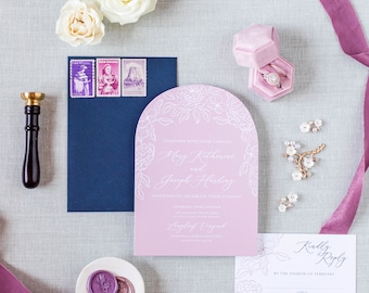 PEONY ARCH CUT Wedding Invitations | Printed Suite | Minimalistic Modern | Floral Line Art
