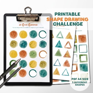 May include: A printable shape drawing challenge on a black clipboard with two pens. The paper features watercolor-style circles, triangles, and squares in orange, yellow, green, and blue. Text includes 20 Circle Challenge, Turn as many circles as possible into objects in just 5 minutes, Printable Shape Drawing Challenge, and PDF A4 Size 5 Different Shapes.