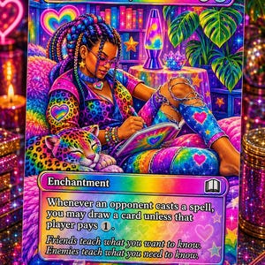 May include: A rectangular trading card titled Rhystic Study featuring a vibrant, rainbow-colored illustration of a person with braided hair writing in a book next to a leopard. The card displays game text, mana symbols, and a colorful, neon-lit room.