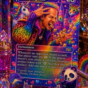 May include: A Smothering Tithe Magic: The Gathering trading card featuring a vibrant, rainbow-colored illustration of a person with a leopard-print jacket, a unicorn, a castle, and a panda, with gold coins and text detailing the enchantment rules.