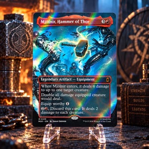 May include: A holographic trading card titled Mjölnir, Hammer of Thor, featuring a central illustration of a glowing hammer surrounded by lightning and robotic figures. The card text details its abilities as a legendary artifact equipment.