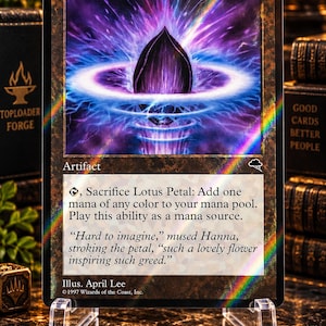 May include: A rectangular trading card titled Lotus Petal with a black border and a holographic finish. The artwork depicts a dark purple flower bud surrounded by a glowing blue energy ring. The card text includes the name, artifact type, and game rules.