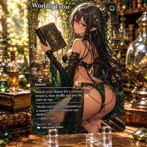 Pode incluir: Uma carta colecionável retangular intitulada Worldly Tutor com a ilustração de uma figura élfica de cabelos longos e escuros segurando um livro verde. A carta inclui texto de jogo, um símbolo de mana verde e o texto Aselbo soon had the reputation.