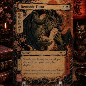 May include: A rectangular trading card titled Demonic Tutor featuring a dark illustration of a horned demon interacting with a person. The card includes the text Sorcery, game instructions, and Japanese characters, all set against a decorative background.