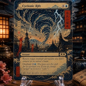 May include: A rectangular trading card titled Cyclonic Rift featuring a Japanese woodblock-style illustration of a dark swirling tornado, lightning, and traditional pagodas. The card text includes game rules, mana costs, and Japanese characters.